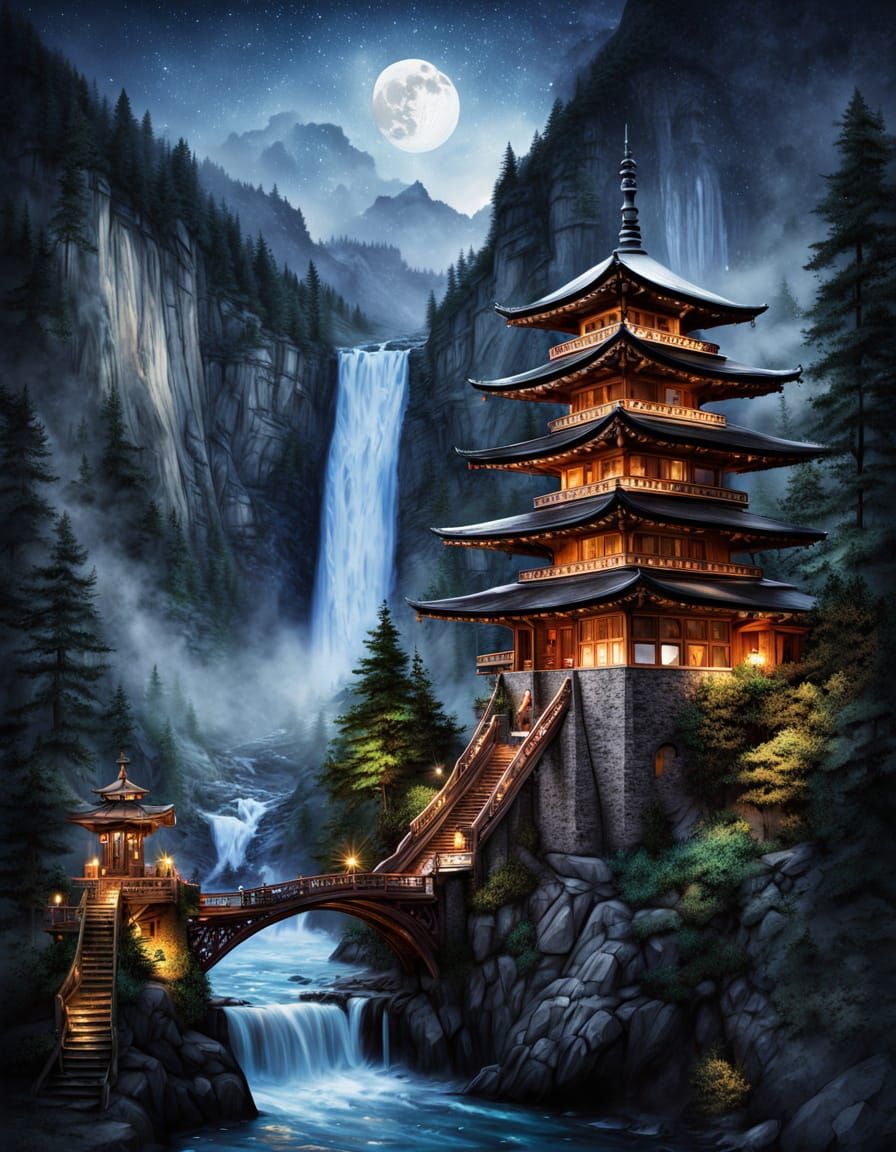 Midnight Temple City on Mountain in Watercolor Style