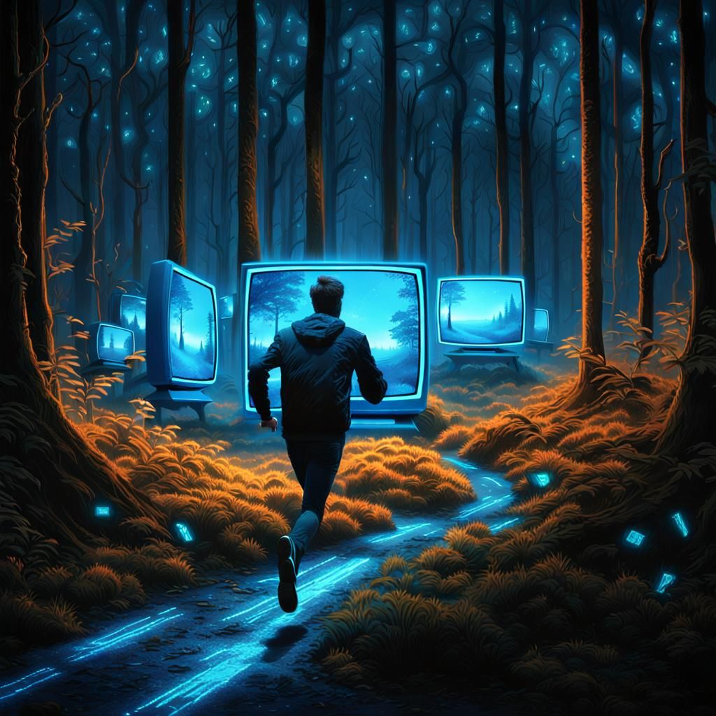 Man Runs Past Neon TVs in Magic Realism