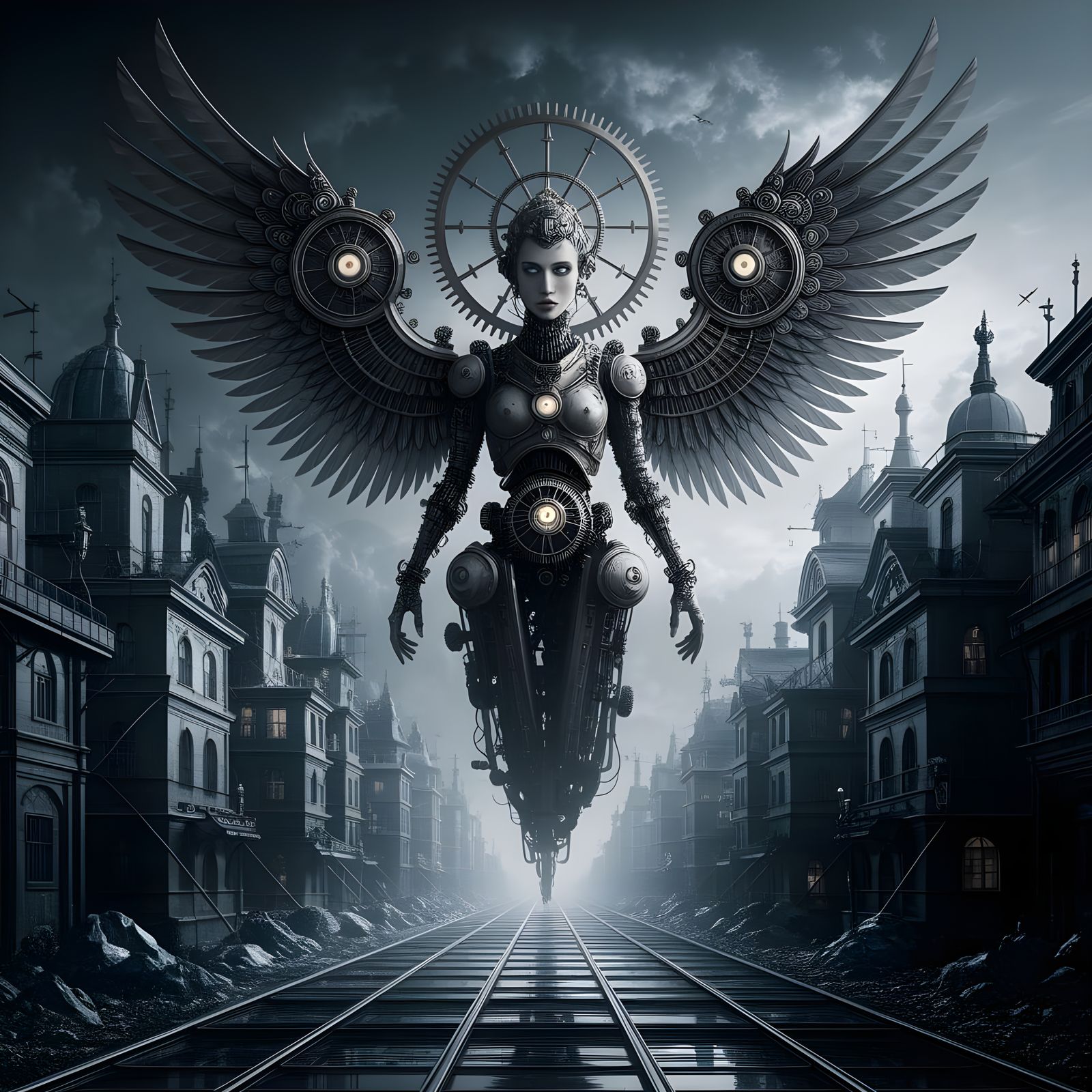 Steampunk Angel of Death Hovers Above Desolate City