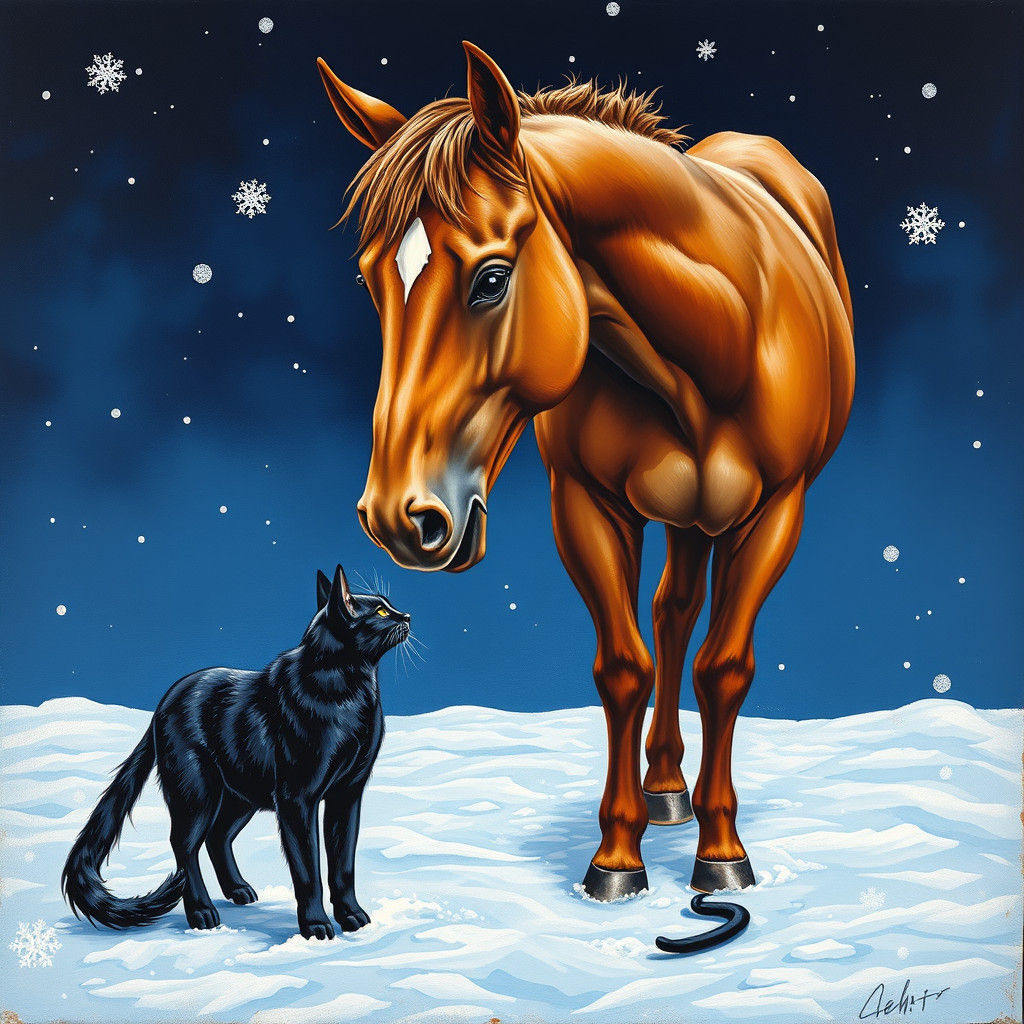Brown Horse and Black Cat in Vibrant Winter Scene