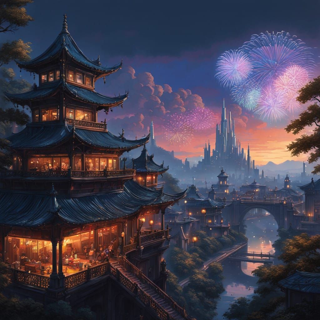 Dreamlike Cityscape at Dusk in Vibrant, Gradient Skies