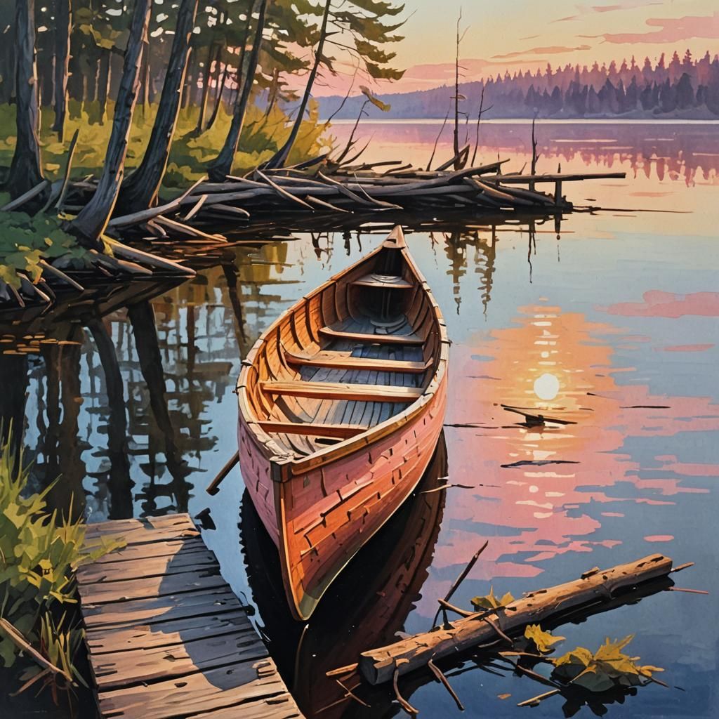 Cedar Canoe at Sunrise: Gouache Impressionism Painting