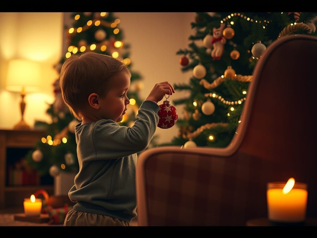 Toddler Helps Mom Decorate Christmas Tree