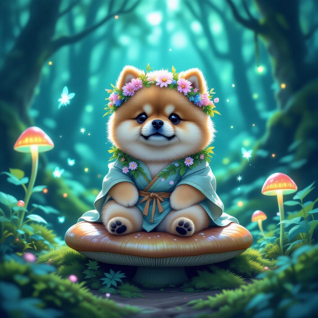 Chow Chow in Bioluminescent Forest, Art Nouveau Style
