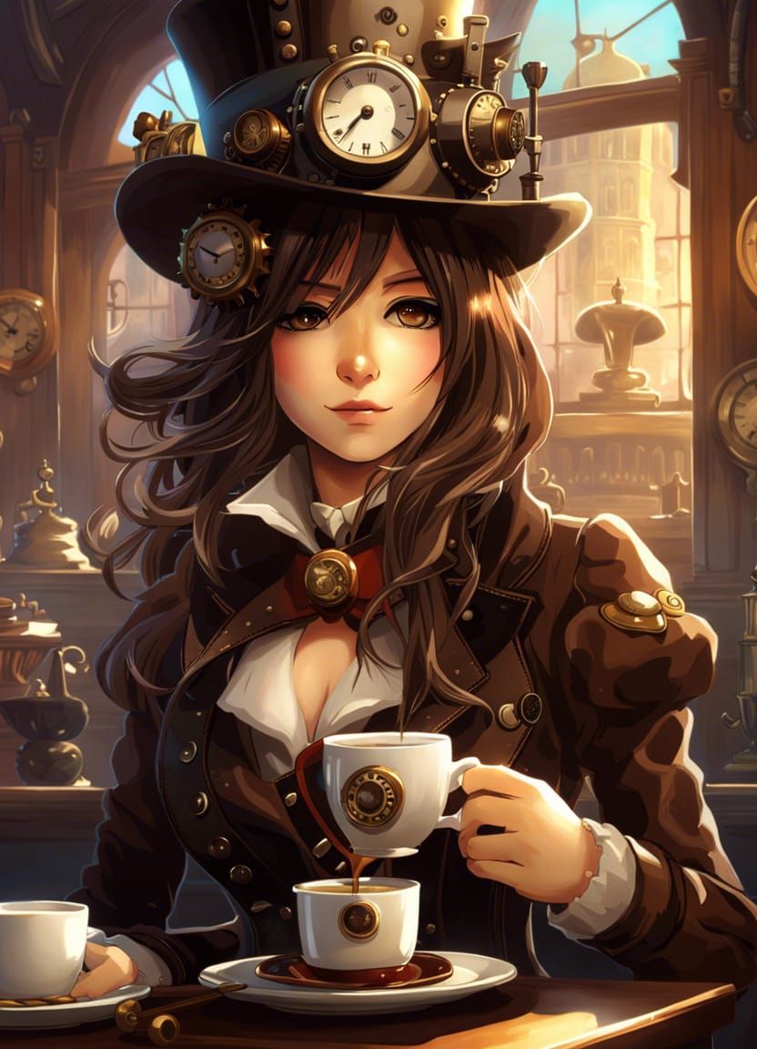 Adorable Steampunk Girl Enjoying Coffee in Anime Style
