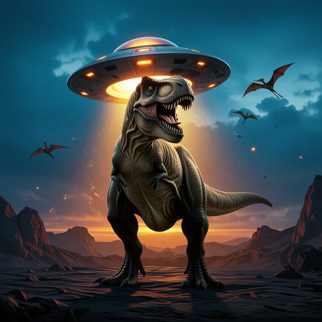 T-Rex Catches UFO in Jurassic Landscape