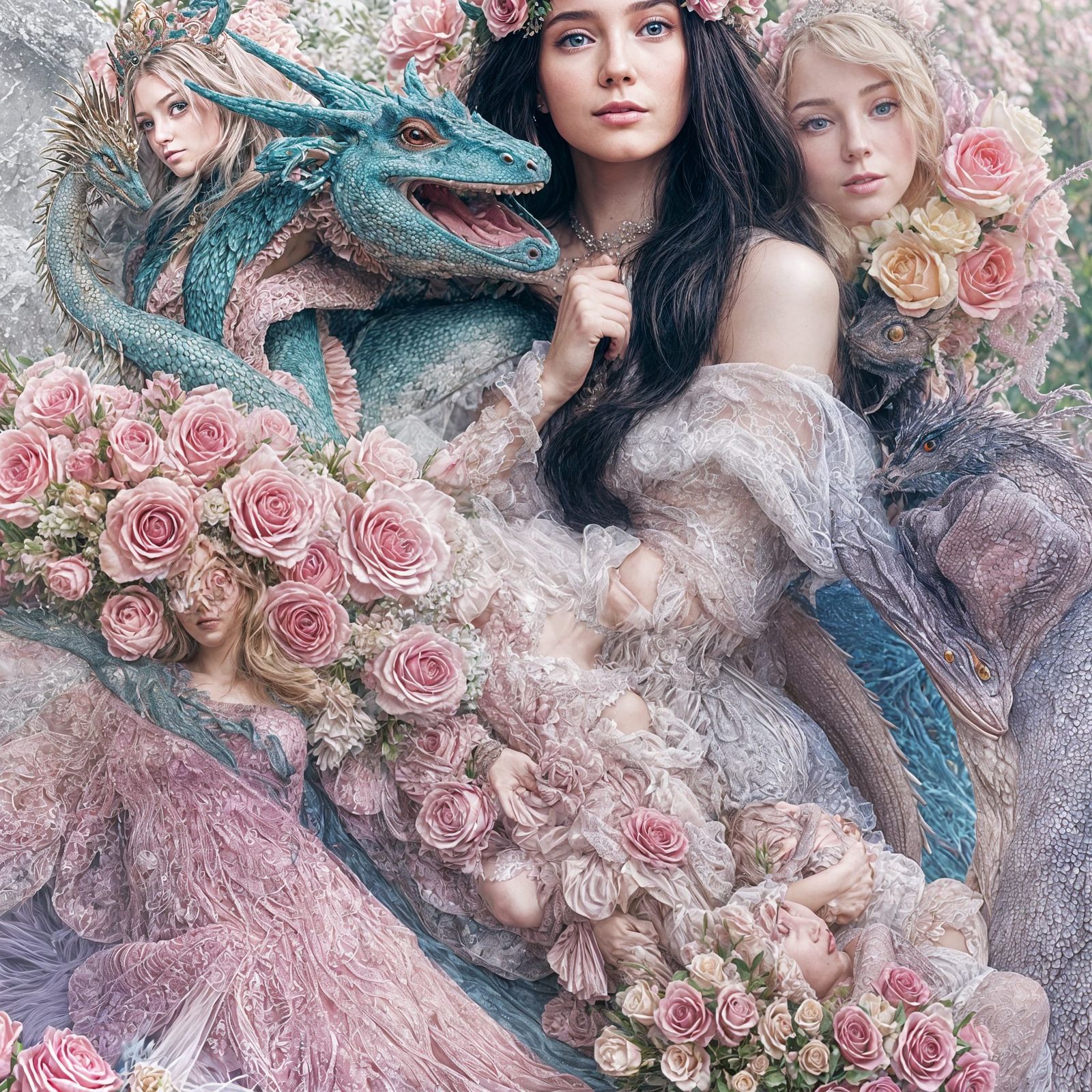 A Beautiful Woman with Baby and Adult Dragons in an Ethereal...