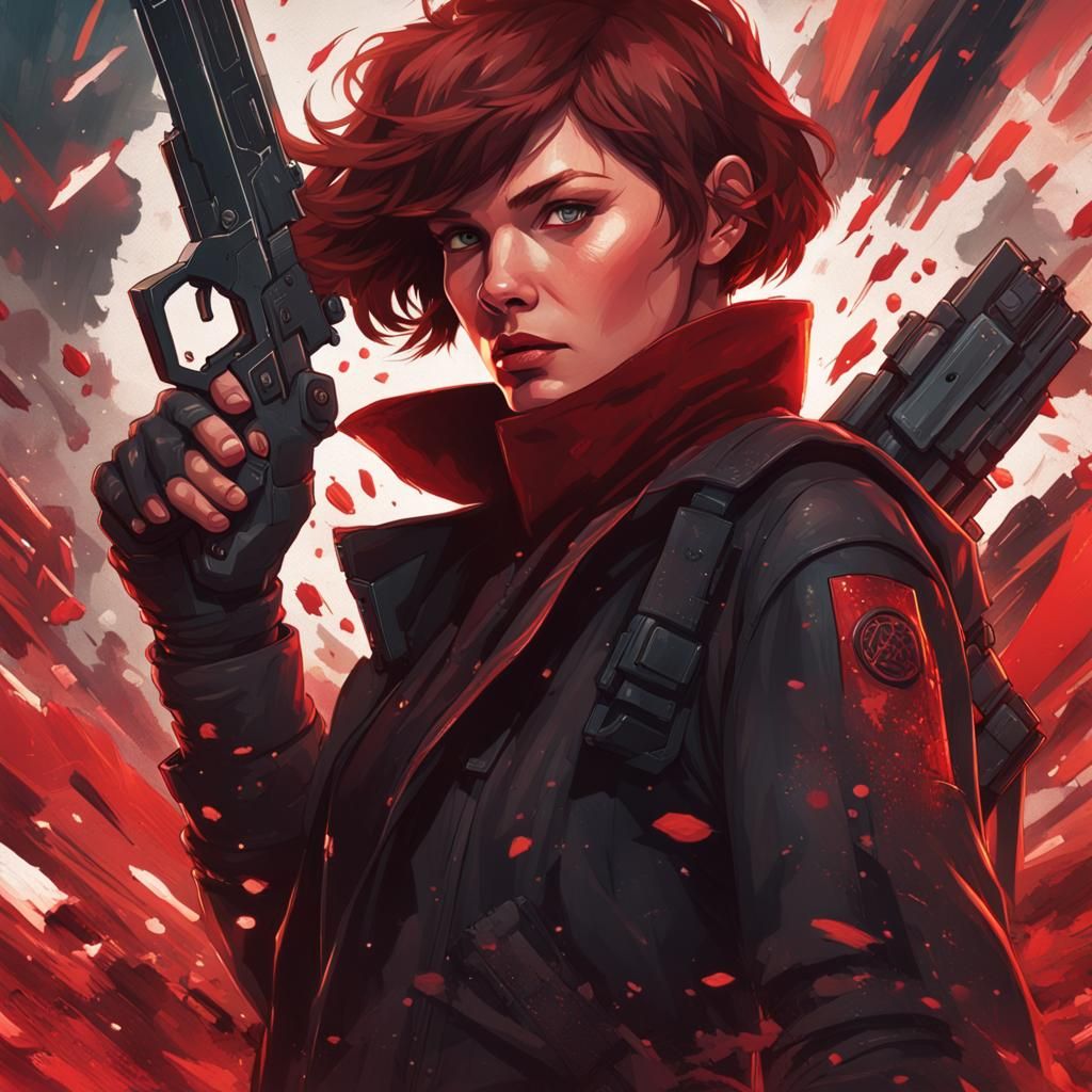 Dynamic Portrait of Armed Woman with Explosion Backdrop