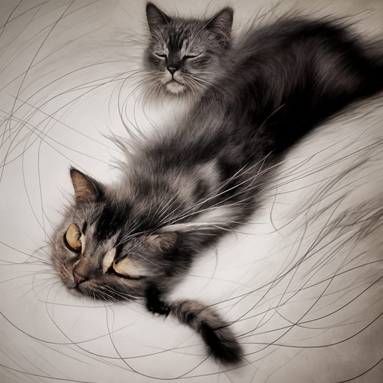 Obstinate Cat Sleeps, Detailed Mixed Media Painting