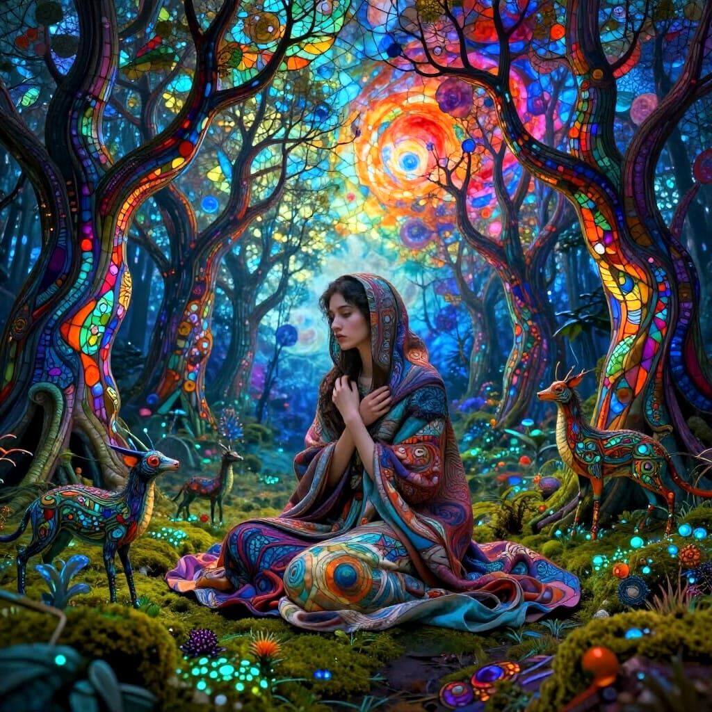 Surreal Cosmic Forest with Stained Glass Trees