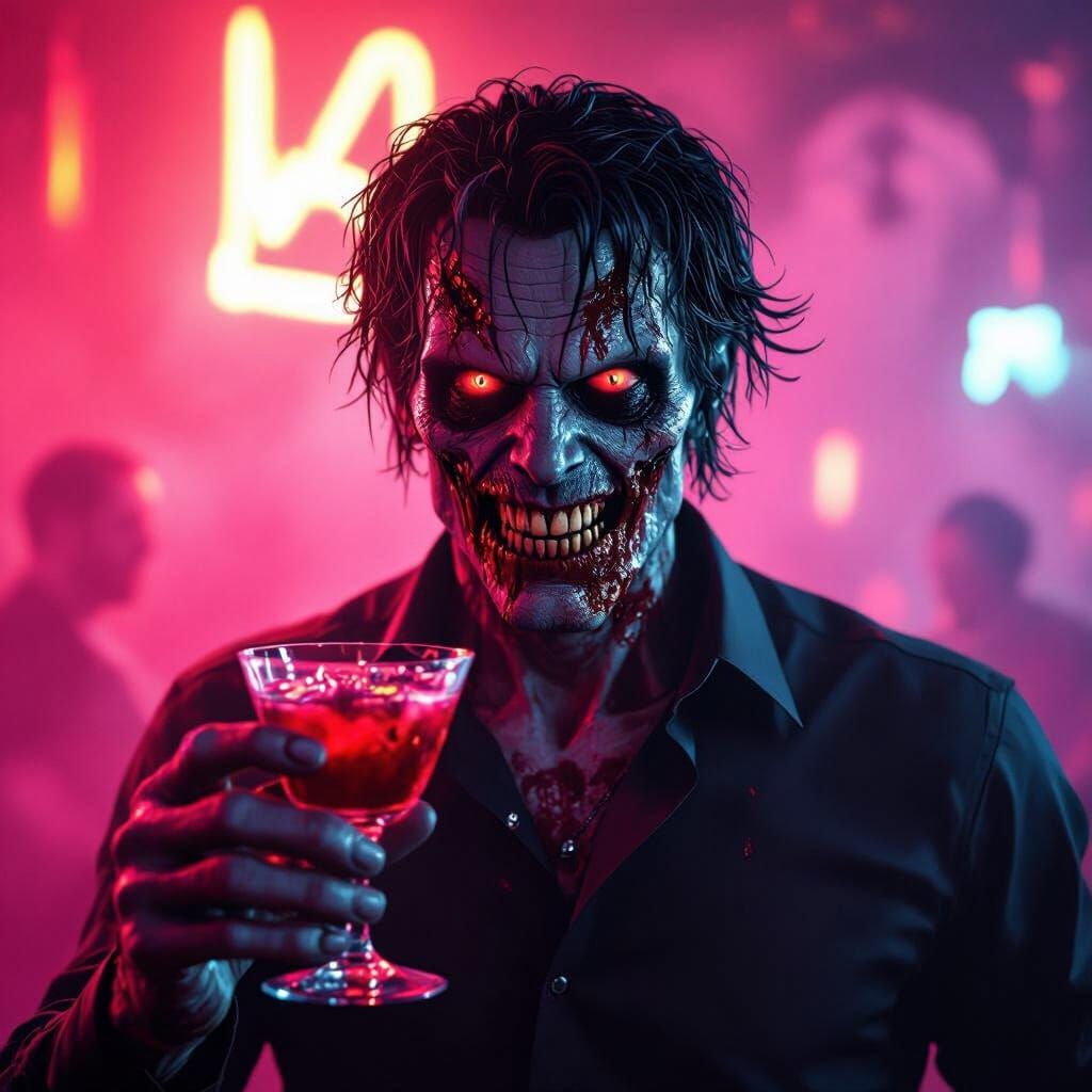 Muscular Zombie Partying in Neon Glow Cinematic Style