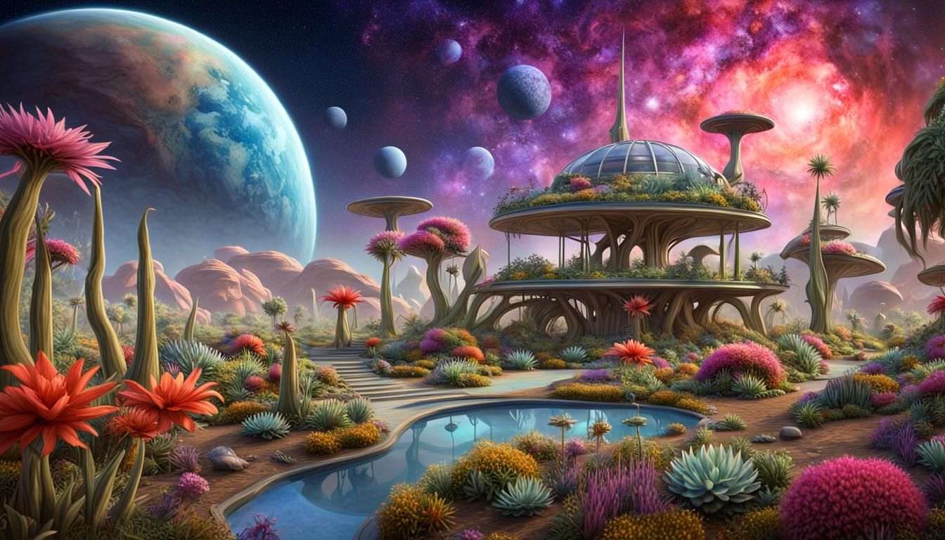 "Intergalactic Botanist's Garden Home" depicts a serene garden oasis on an alien planet, complete with exotic flora and ...