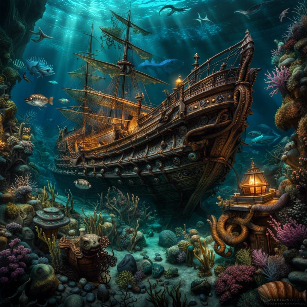 Enchanting Underwater Realm with Mermaid and Sea Monsters