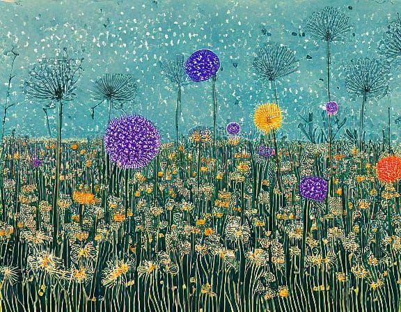 Dandelion Meadow Hand-Colored Linoprint