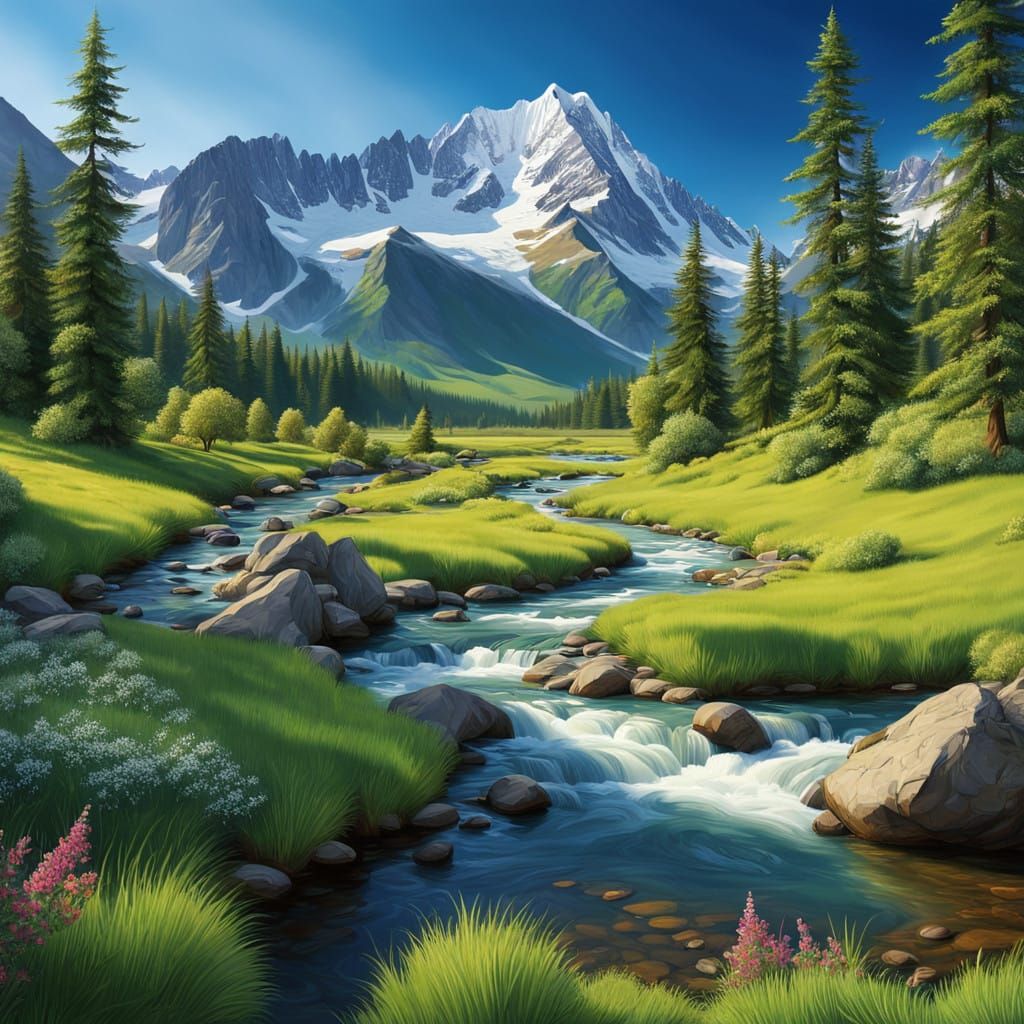 Majestic Mountain Scene in Vibrant Colors