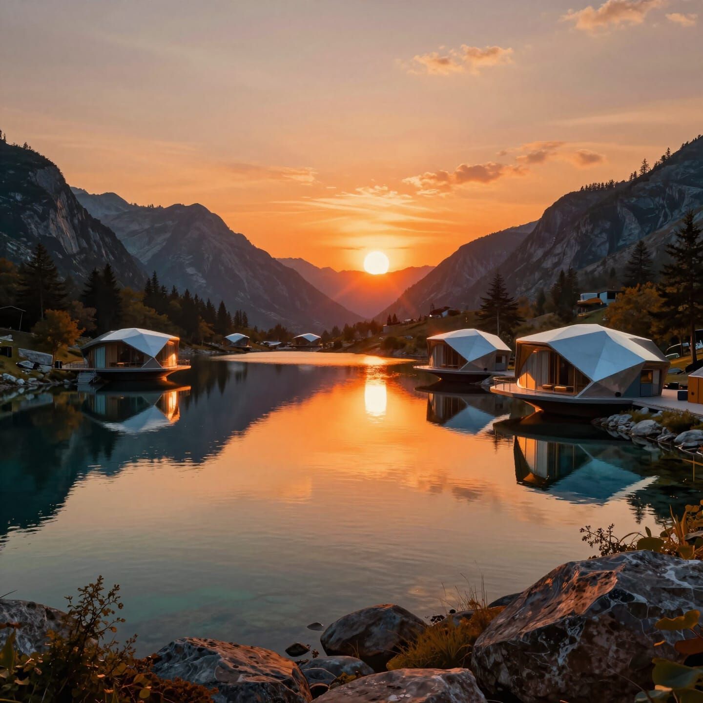 Retro Futuristic Mountain Lake Sunset in Alcohol Ink Style