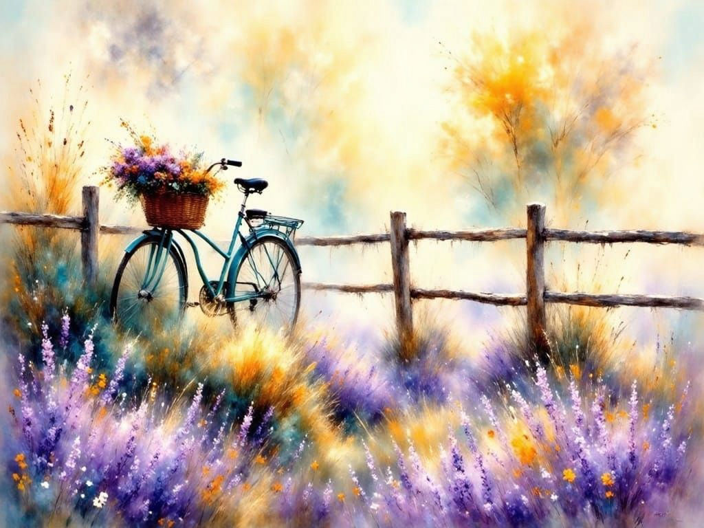 Dreamy Purple Landscape with Vintage Bicycle