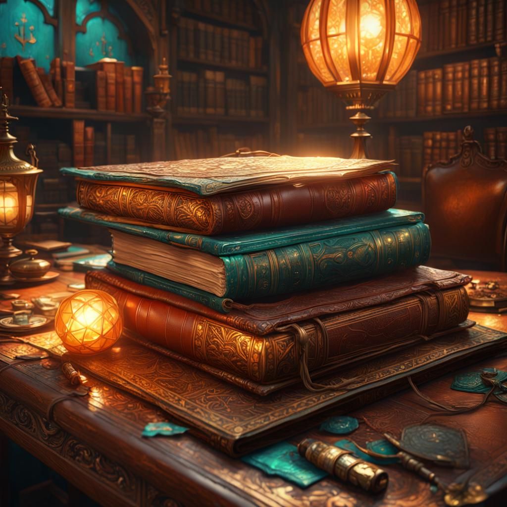 Ornate Leather Book on Desk: Digital Concept Art