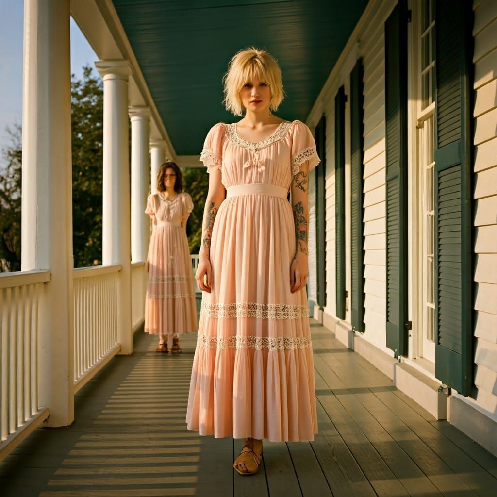Blonde Tomboy Couple Pose in Pastel Pink Southern Belle Dres...