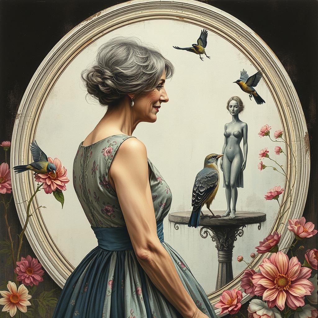 Joyful Woman's Portrait in Abstract Mixed Media