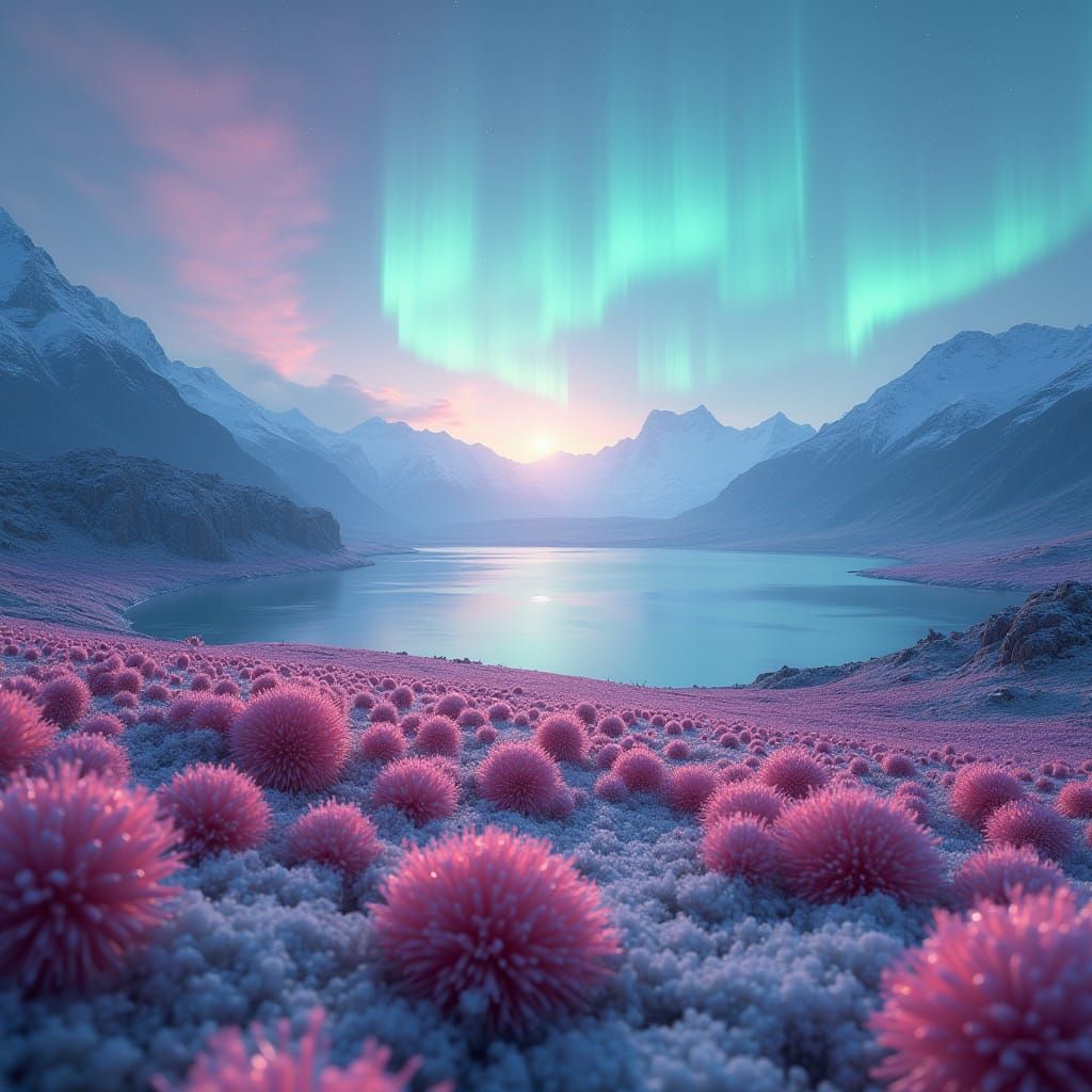Scenic Aurora Landscape Composed of Poms in Dreamy Style
