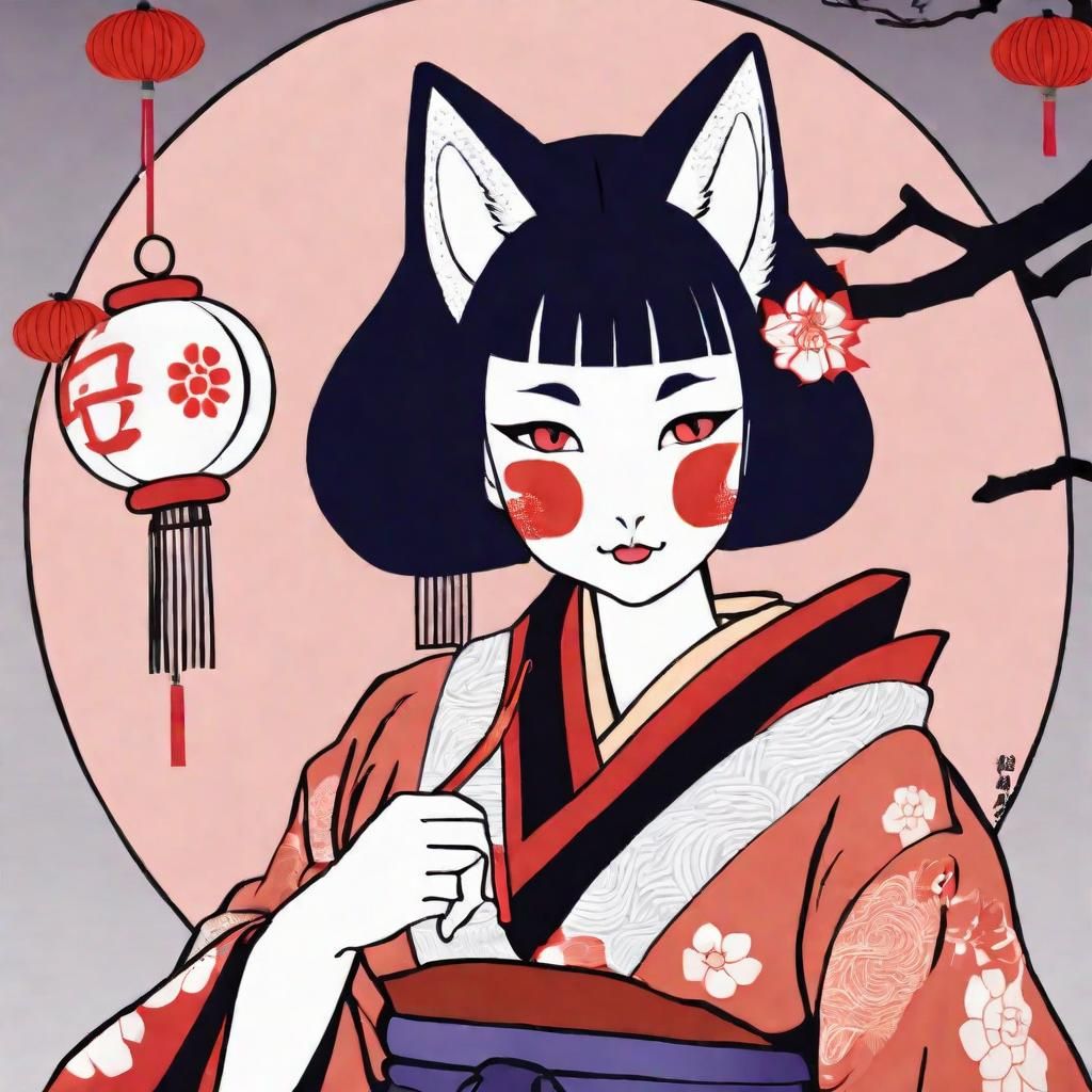Kitsune-Frau, japanische bezaubernde Tuschezeichnung, Fuchsmaske, Mythologie, symbolism, Kami, Japan