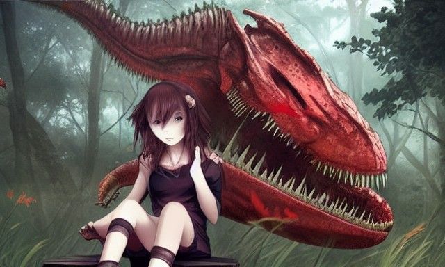 Anime Girl and T-Rex in Abandoned Mall