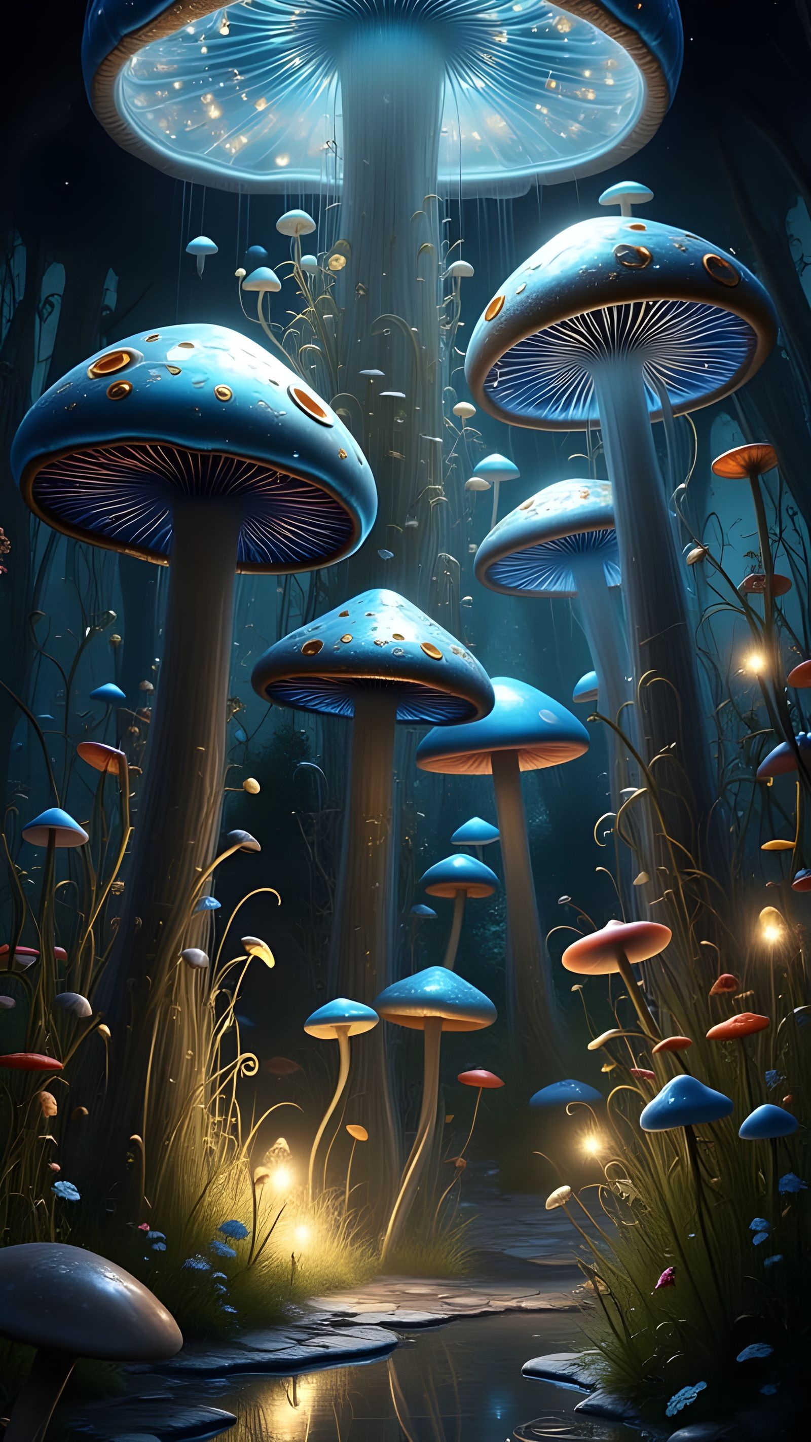Surreal Cave with Towering Luminescent Mushrooms