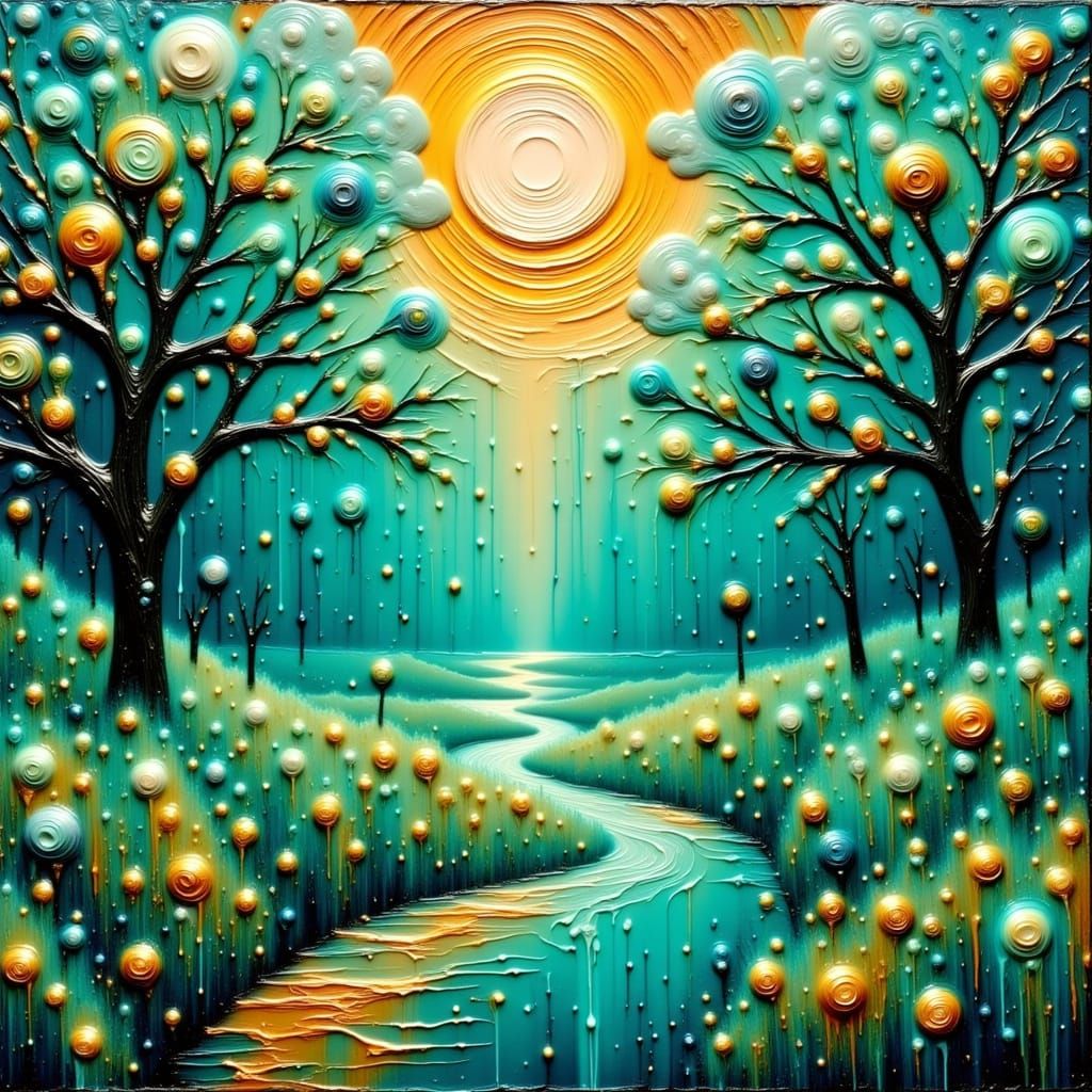 Surreal Spring Garden in Vibrant Teal and Gold Impasto Oil P...