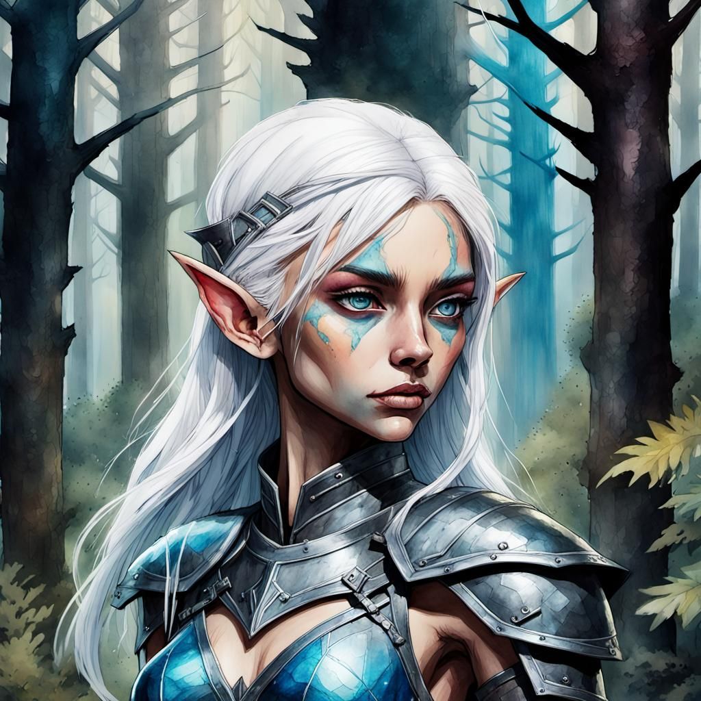 Dark Elf Warrior in Forest: Comic Illustration