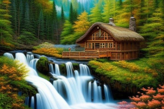 Log Cottage with Waterfalls and Wildflowers at Golden Hour