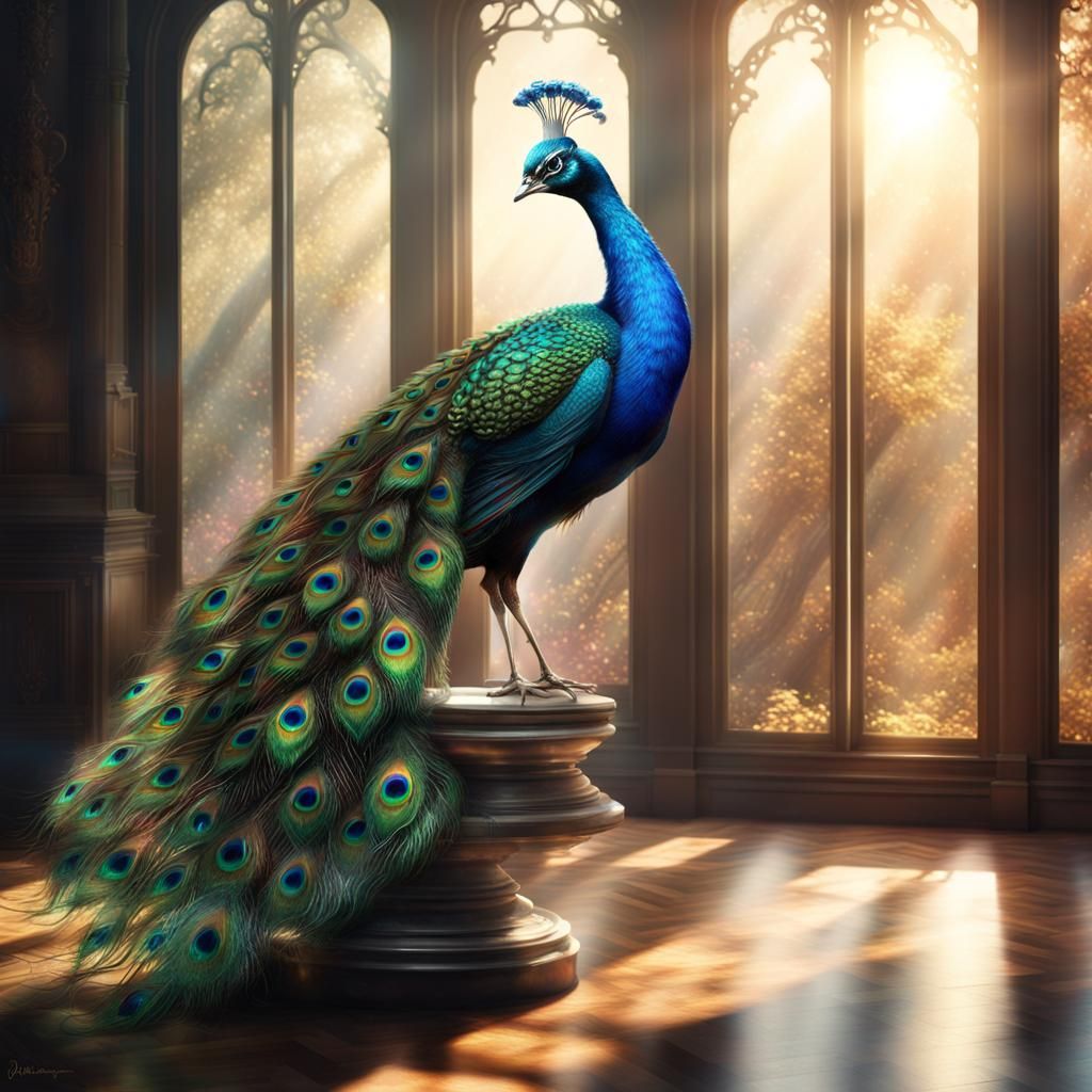 A crystal peacock on a pedestal, in front of a window, the sunlight is shining through the peacock, scattering the color...