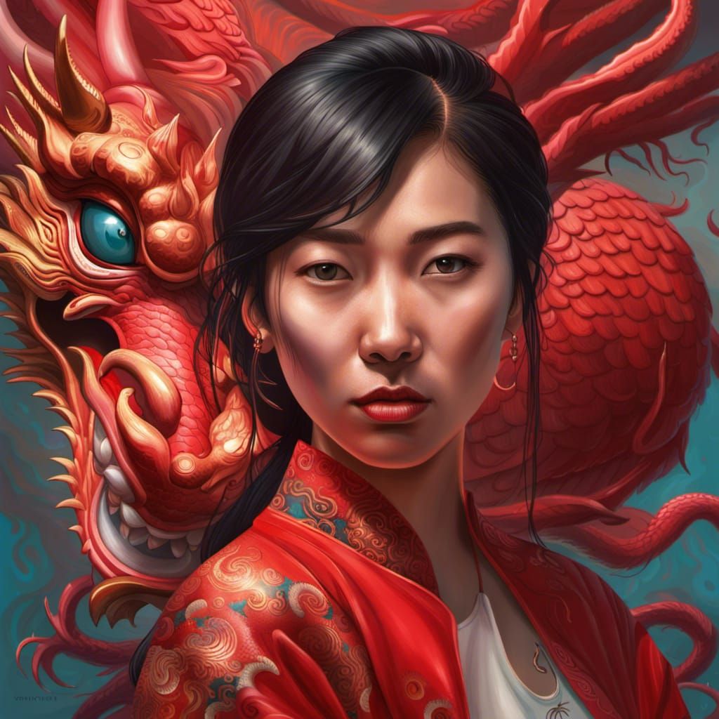 Chinese Woman with Red Dragon: Hyperrealistic Splash Art