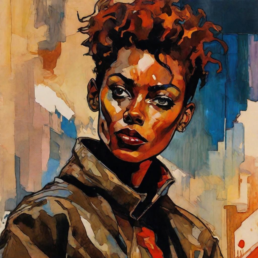 African Superhero: Gouache and Watercolor Cyberpunk Action