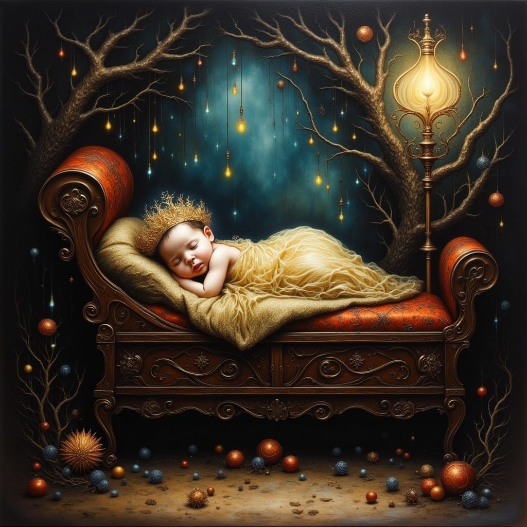 Ethereal Baby Slumbers in 1850s Wooden Crib