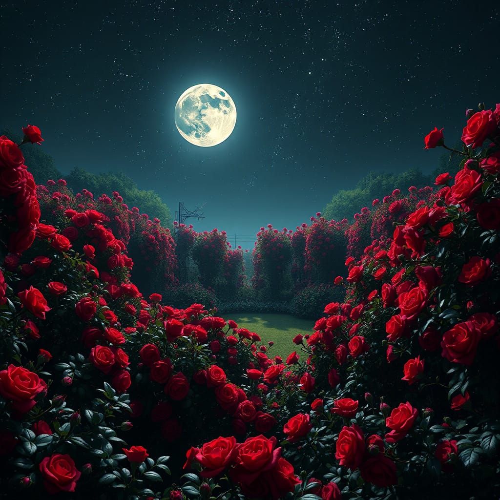 Lush Rose Garden at Moonlit Night in Elegant Art Nouveau Sty...