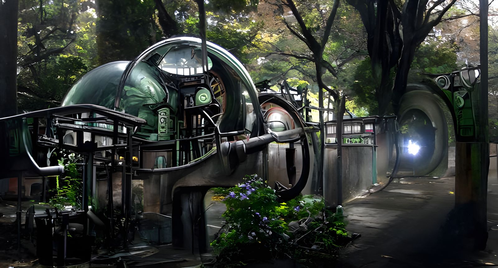 Dieselpunk Portal opening up to Koishikawa Korakuen Gardens
