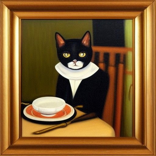 Cat Dining in Restaurant as Oil Painting