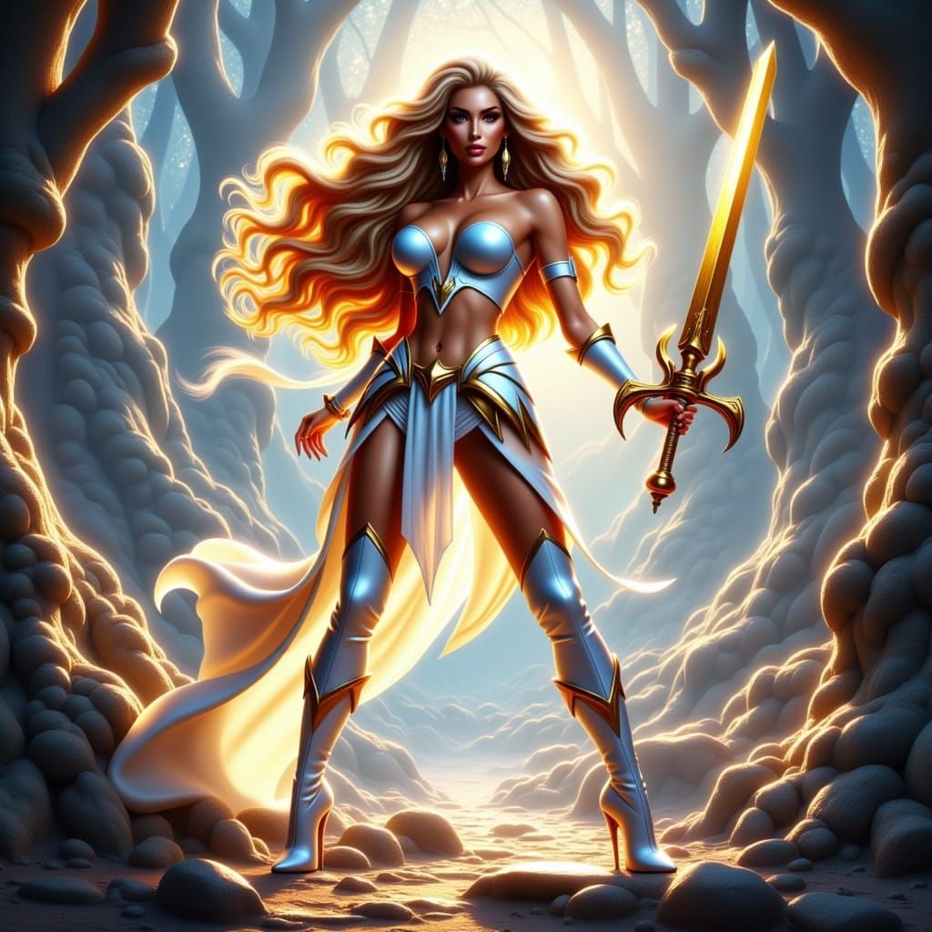 Epic Fantasy Princess in Heroic Pose with Sword