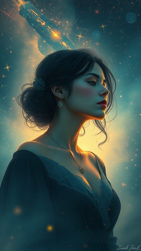 Woman Gazing at Galaxy in Dreamy Impressionistic Style