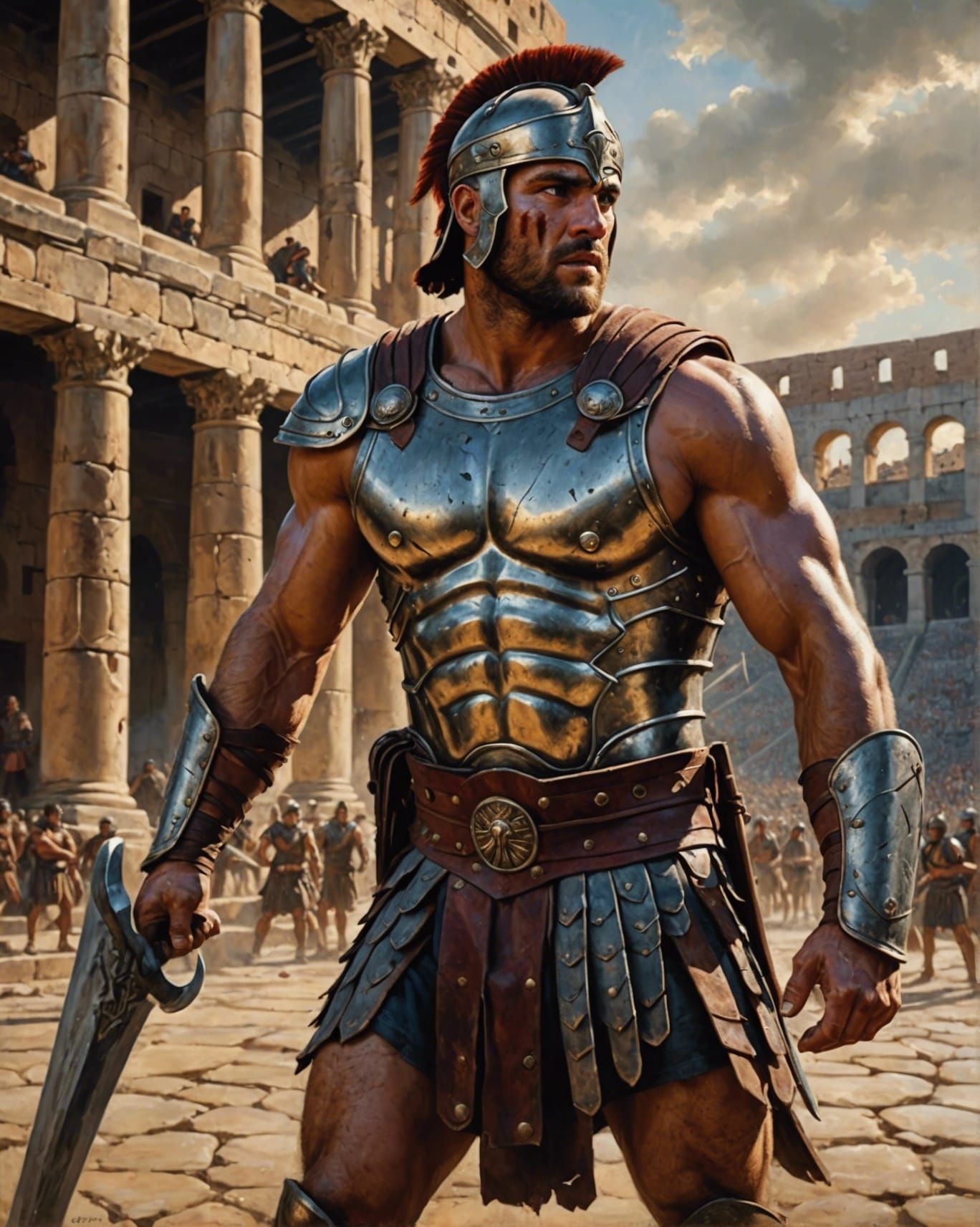 Realistic Gladiator Warrior in Ancient Coliseum Setting