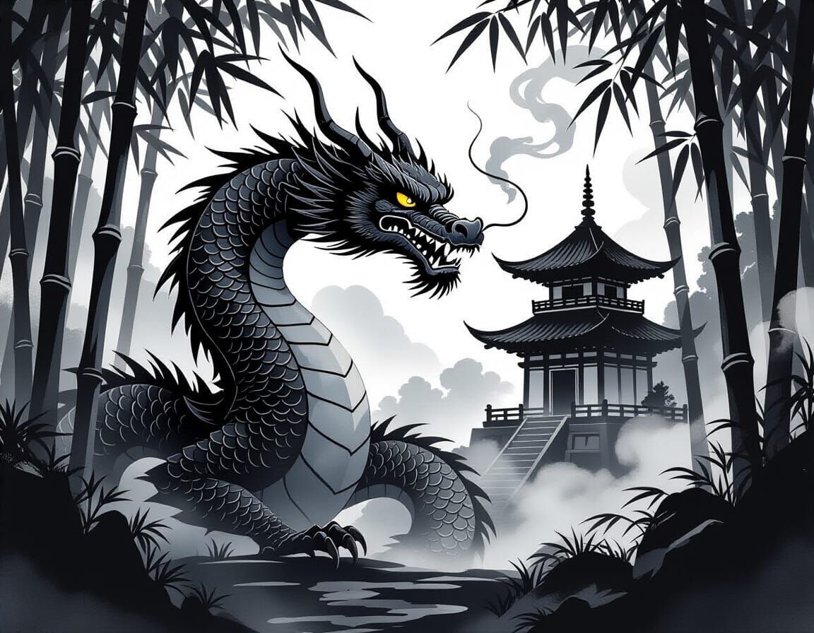 Obsidian Dragon Guards Bamboo Temple in Sumi-e Style