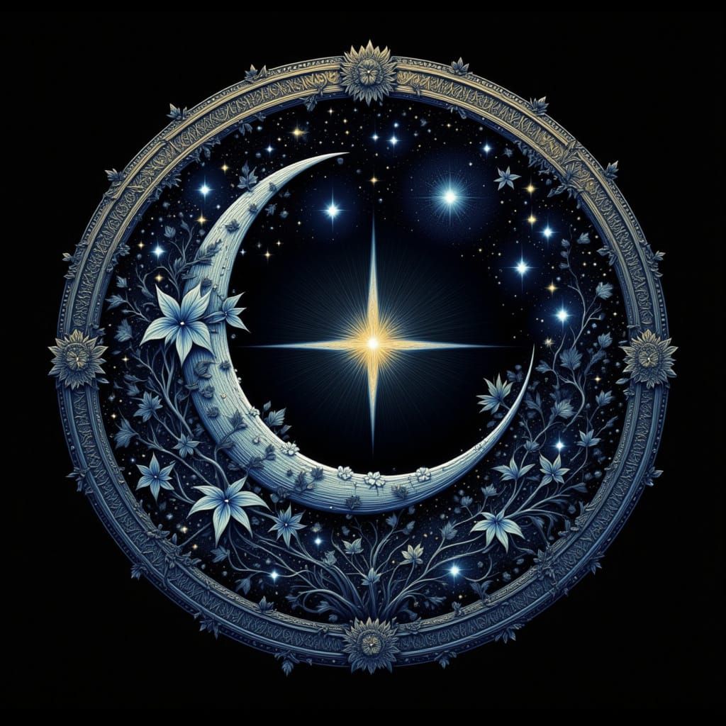 Star and Crescent Moon in Eldritch Style