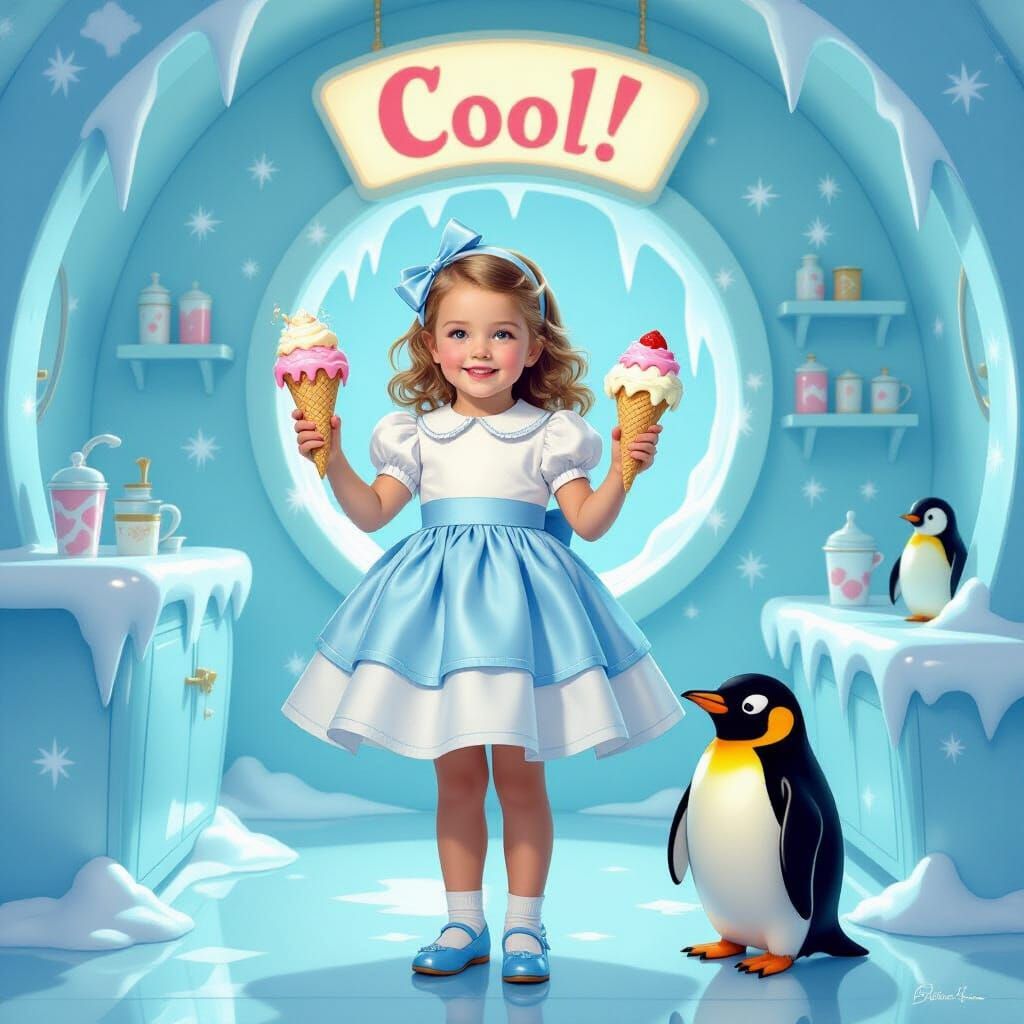 Girl with Ice Cream in Whimsical Ice Room