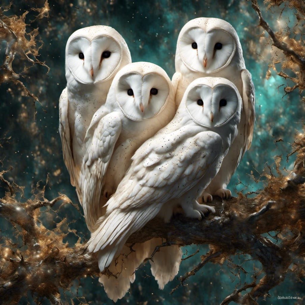 Barn Owls on a Whimsical Oak Tree