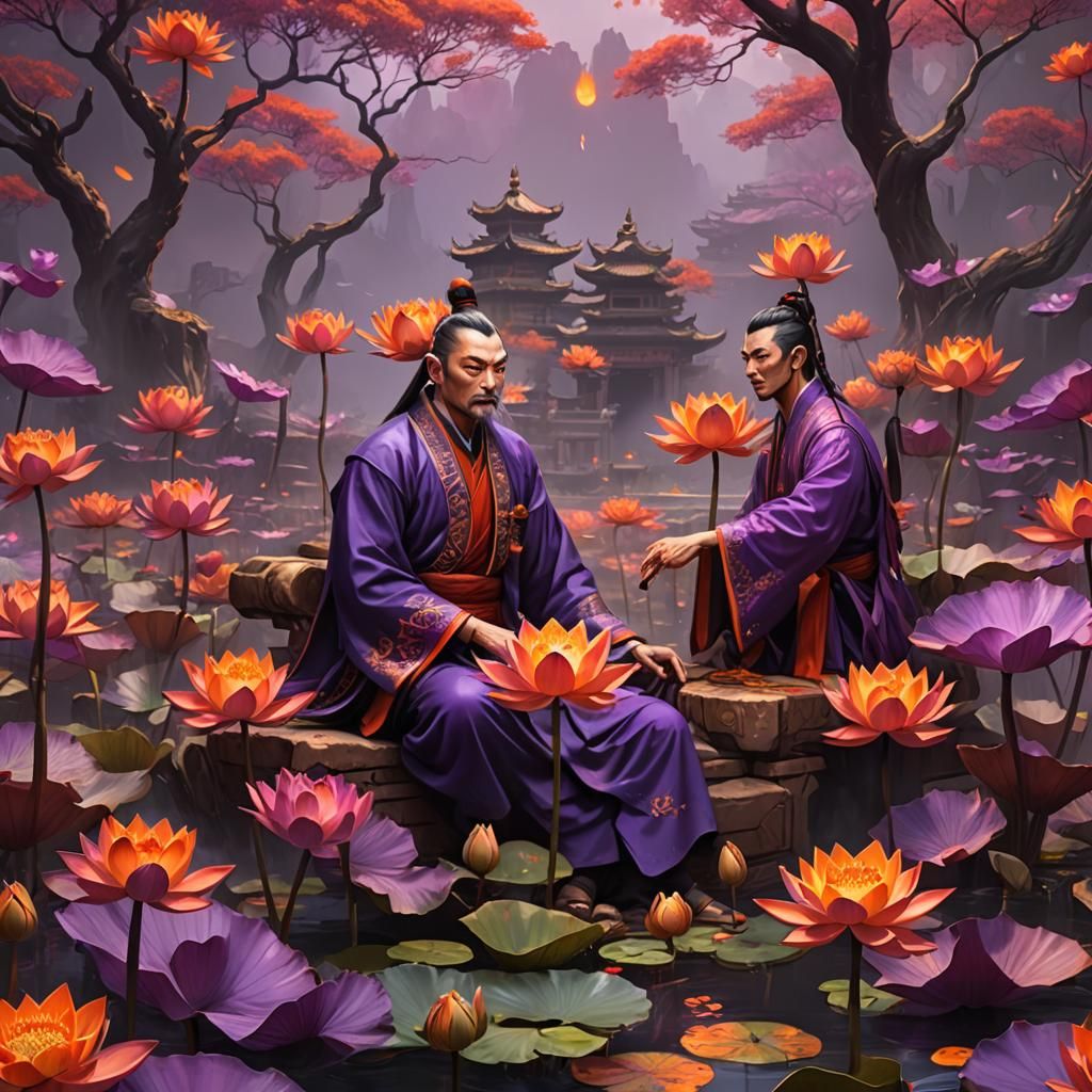 Fiery Lotuses and a Cultivator in Matte Painting