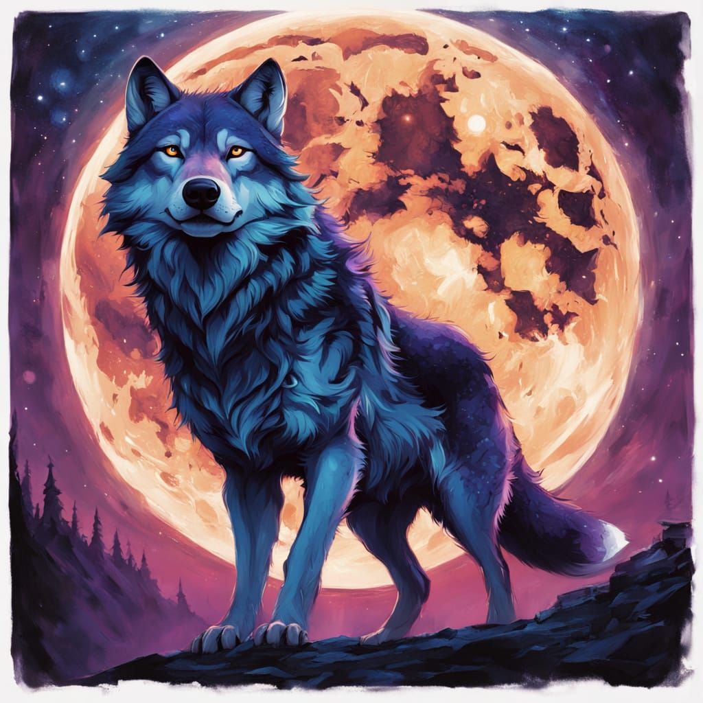 Wolf in Mid-Air, Holding Glowing Moon in Cinematic Fantasy A...