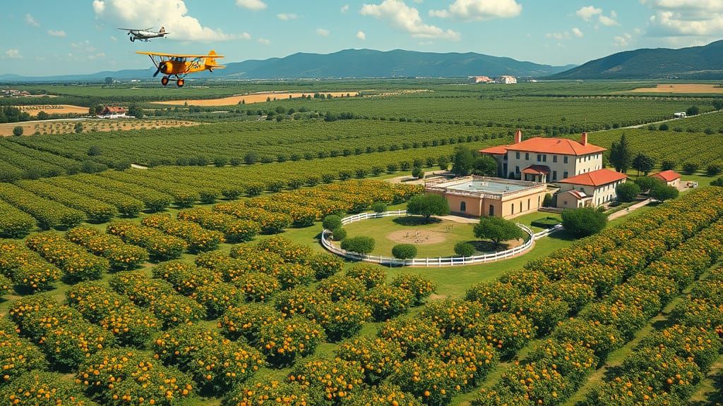 Orange Orchard Vista in Gouache Style