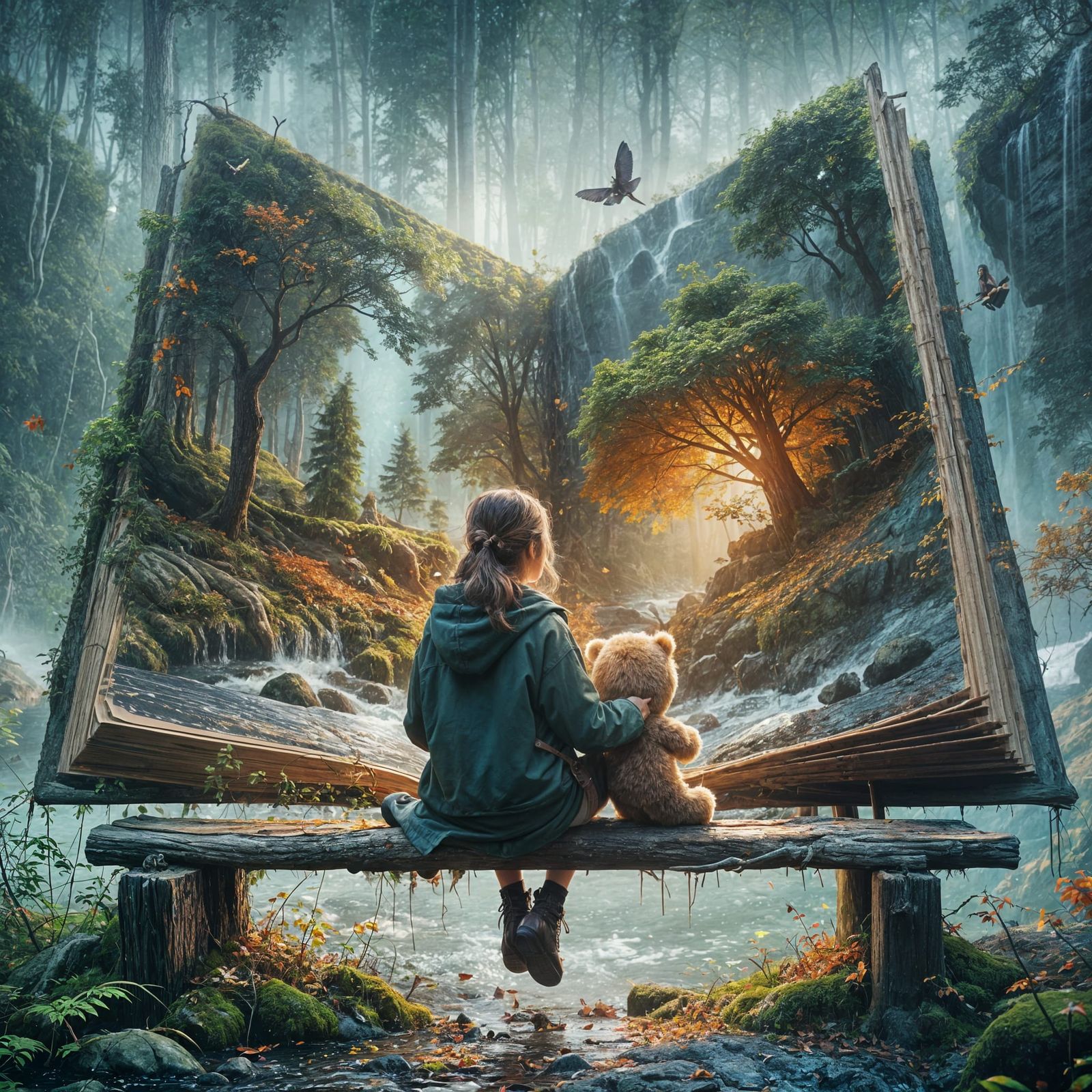 Girl Reading World Book in Autumnal Scene