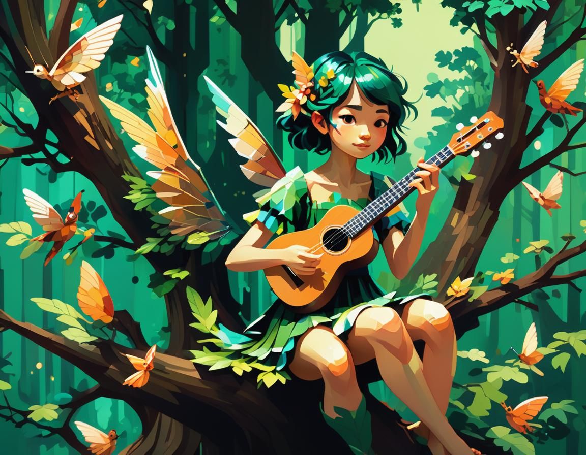 Pixelated Fairy in Magical Forest Vector Art